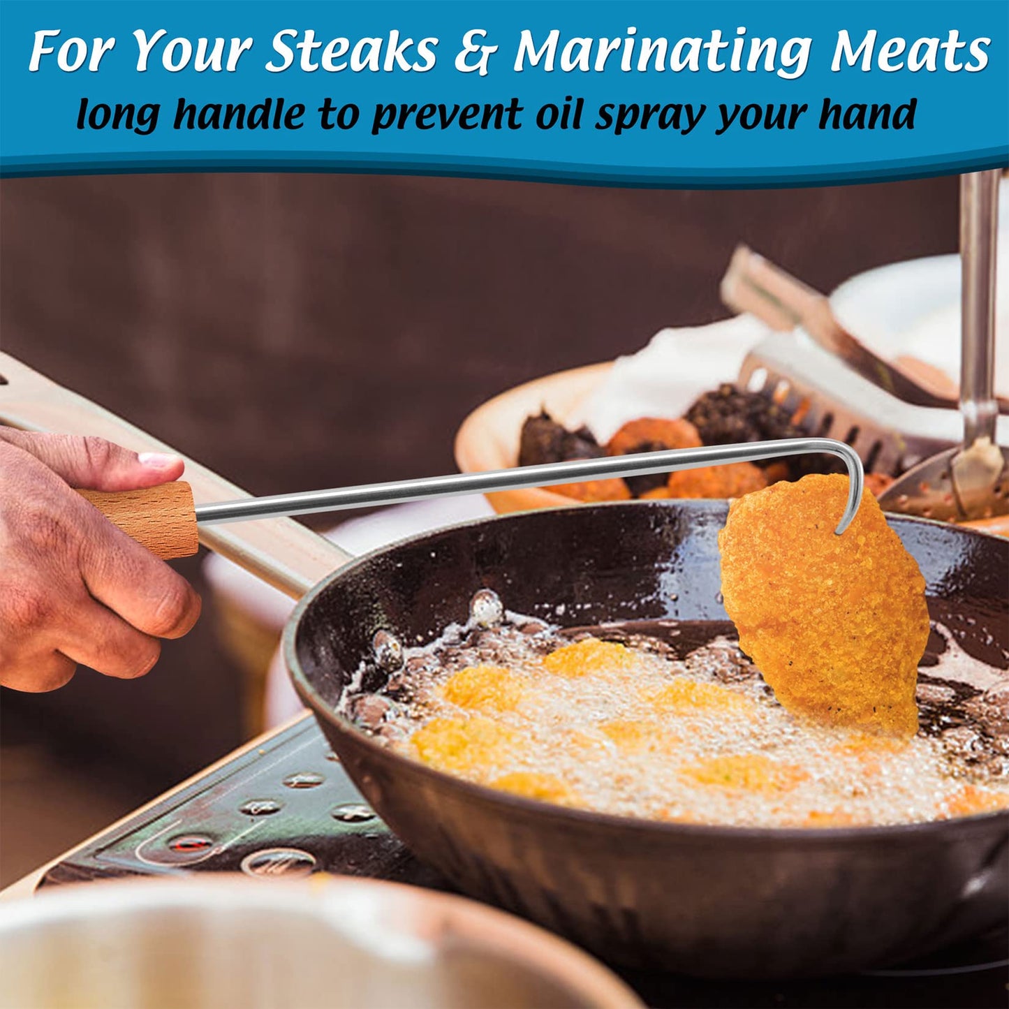 Pigtail Food Flipper Set of 2, Joyfair Stainless Steel Meat Hook & Turner Grill Tools for Outdoor BBQ Grilling & Kitchen Frying, Right Handed, Great Replacement to Tongs (12” & 17”, Wooden Handles) - CookCave