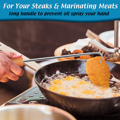 Pigtail Food Flipper Set of 2, Joyfair Stainless Steel Meat Hook & Turner Grill Tools for Outdoor BBQ Grilling & Kitchen Frying, Right Handed, Great Replacement to Tongs (12” & 17”, Wooden Handles) - CookCave