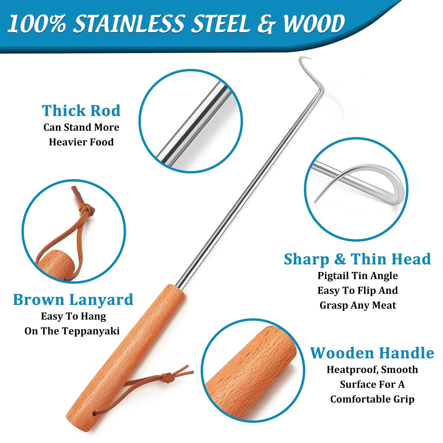 Pigtail Food Flipper Set of 2, Joyfair Stainless Steel Meat Hook & Turner Grill Tools for Outdoor BBQ Grilling & Kitchen Frying, Right Handed, Great Replacement to Tongs (12” & 17”, Wooden Handles) - CookCave