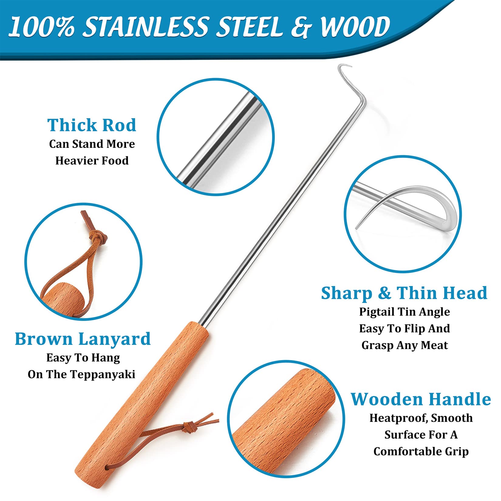 Pigtail Food Flipper Set of 2, Joyfair Stainless Steel Meat Hook & Turner Grill Tools for Outdoor BBQ Grilling & Kitchen Frying, Right Handed, Great Replacement to Tongs (12” & 17”, Wooden Handles) - CookCave