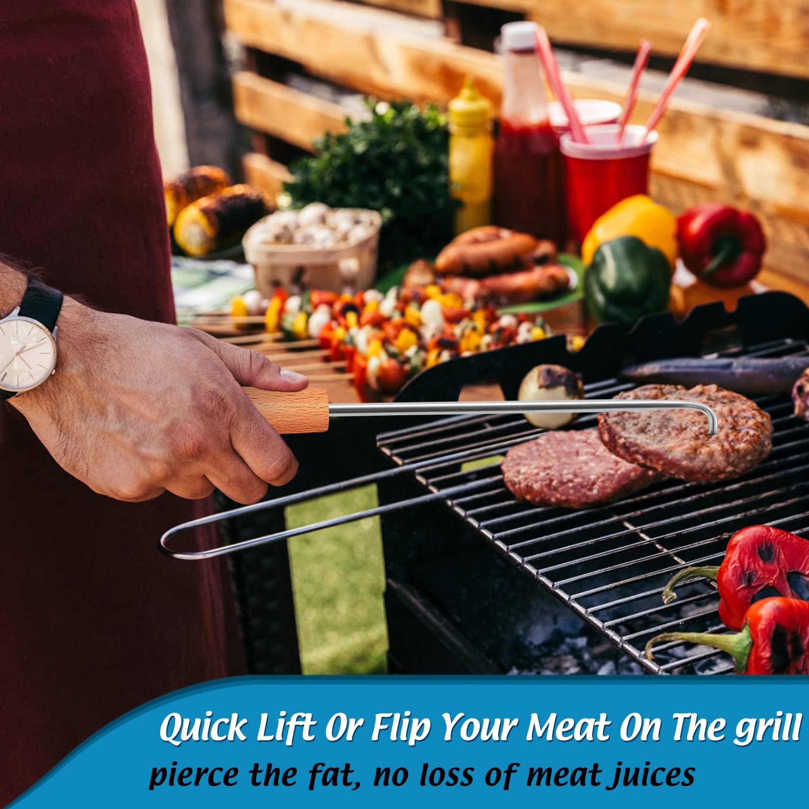 Pigtail Food Flipper Set of 2, Joyfair Stainless Steel Meat Hook & Turner Grill Tools for Outdoor BBQ Grilling & Kitchen Frying, Right Handed, Great Replacement to Tongs (12” & 17”, Wooden Handles) - CookCave