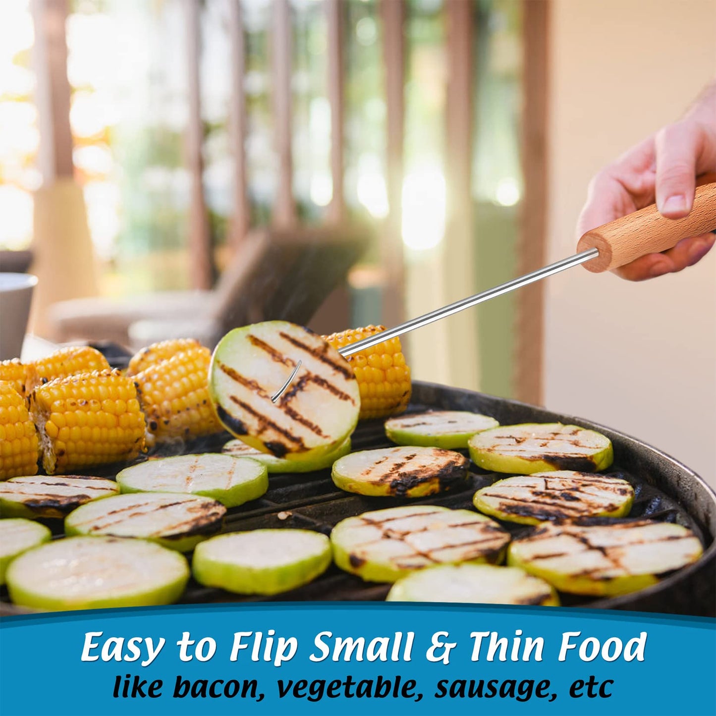 Pigtail Food Flipper Set of 2, Joyfair Stainless Steel Meat Hook & Turner Grill Tools for Outdoor BBQ Grilling & Kitchen Frying, Right Handed, Great Replacement to Tongs (12” & 17”, Wooden Handles) - CookCave