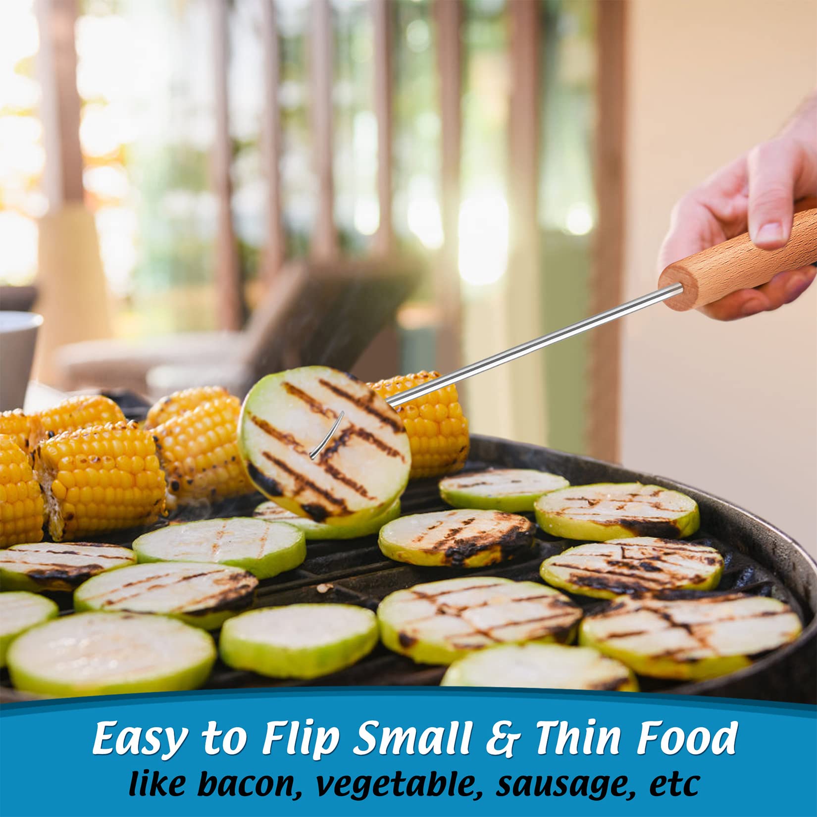 Pigtail Food Flipper Set of 2, Joyfair Stainless Steel Meat Hook & Turner Grill Tools for Outdoor BBQ Grilling & Kitchen Frying, Right Handed, Great Replacement to Tongs (12” & 17”, Wooden Handles) - CookCave