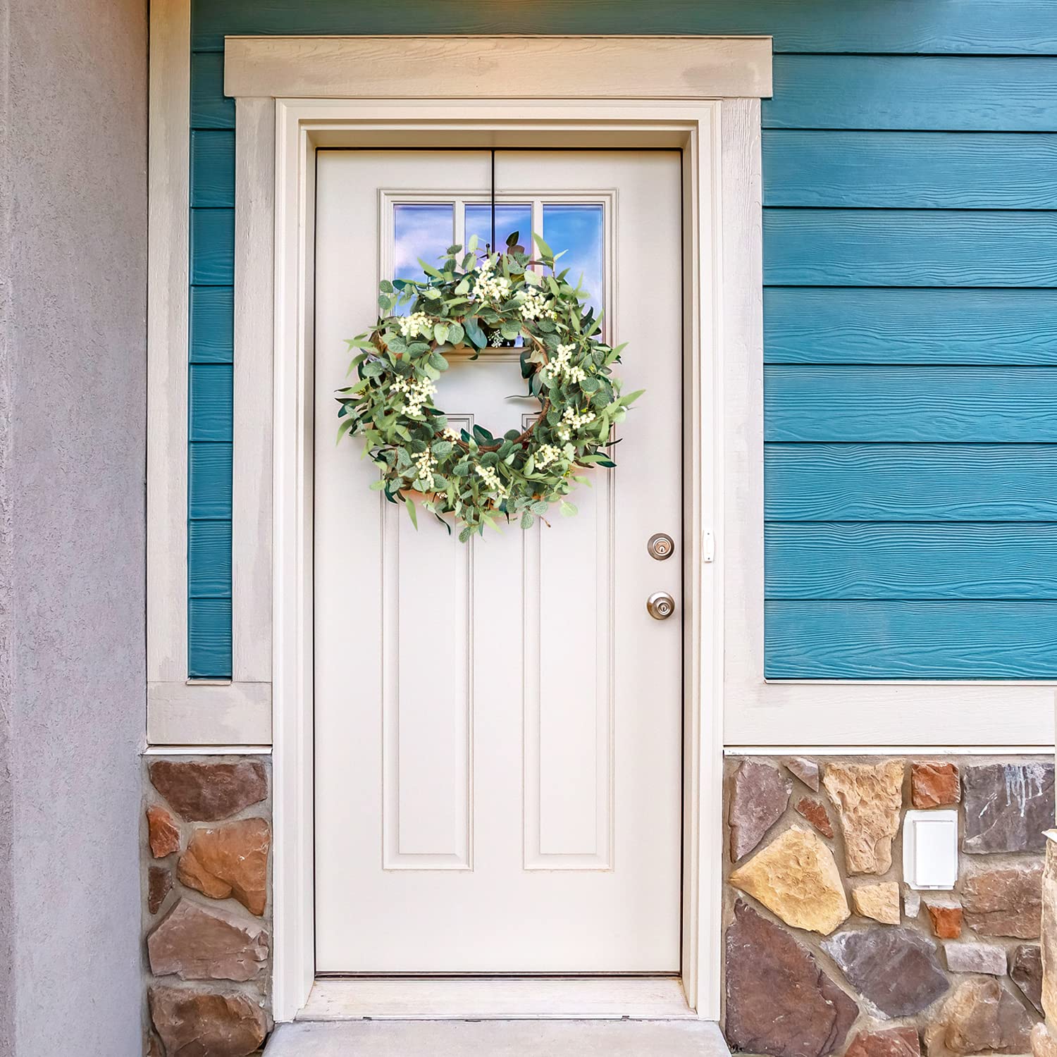 Pinkpum 20'' Eucalyptus Wreath for Front Door, Porch, Window - Green Decor for Home, Farmhouse - Spring, Summer, Fall, All Seasons - CookCave