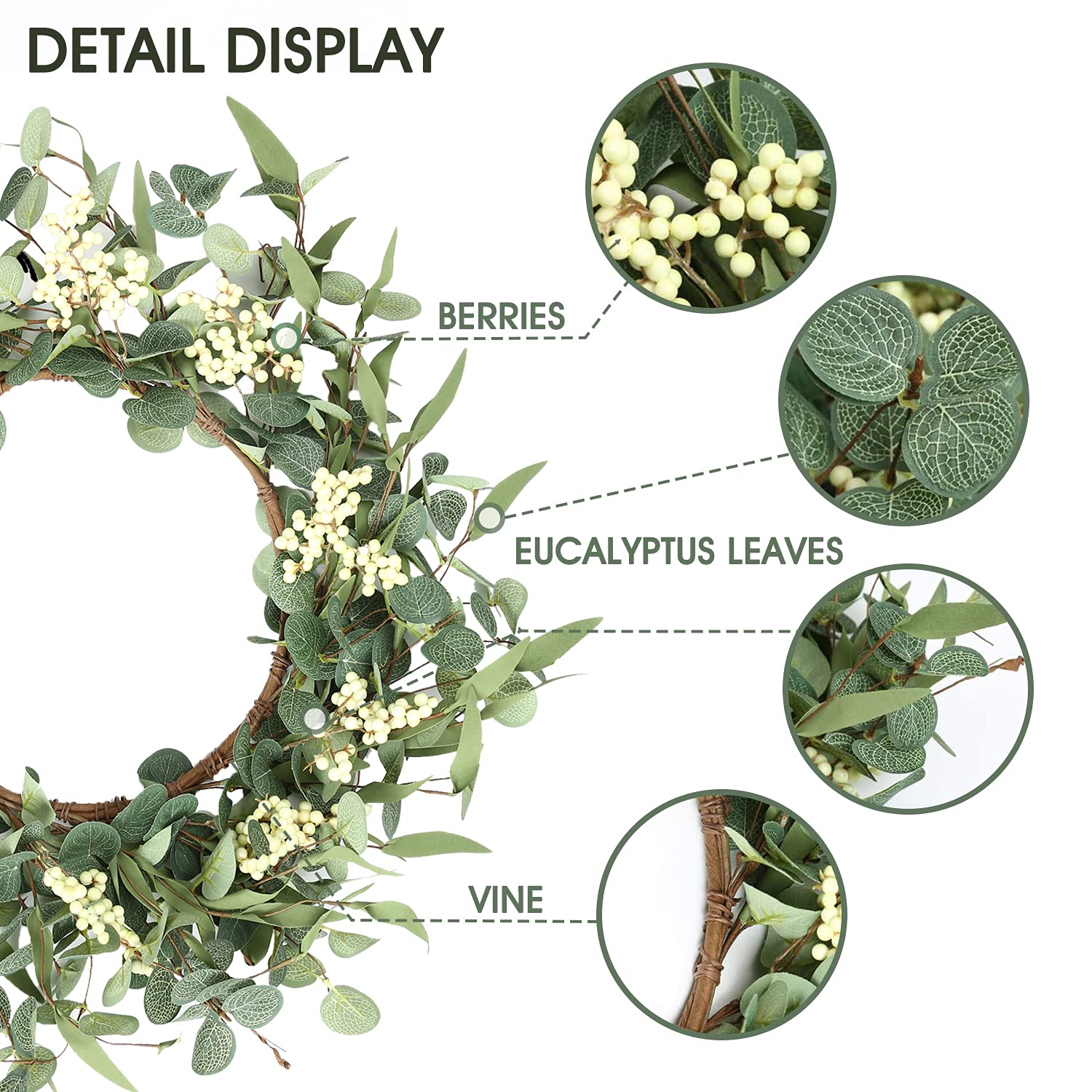 Pinkpum 20'' Eucalyptus Wreath for Front Door, Porch, Window - Green Decor for Home, Farmhouse - Spring, Summer, Fall, All Seasons - CookCave