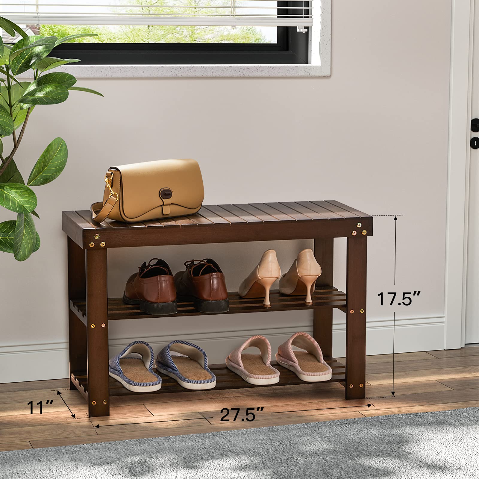Pipishell Bamboo Shoe Rack Bench, 3 Tier Sturdy Shoe Bench, Storage Shoe Organizer, Holds up to 300lbs for Entryway Bedroom Living Room Balcony, Brown - CookCave