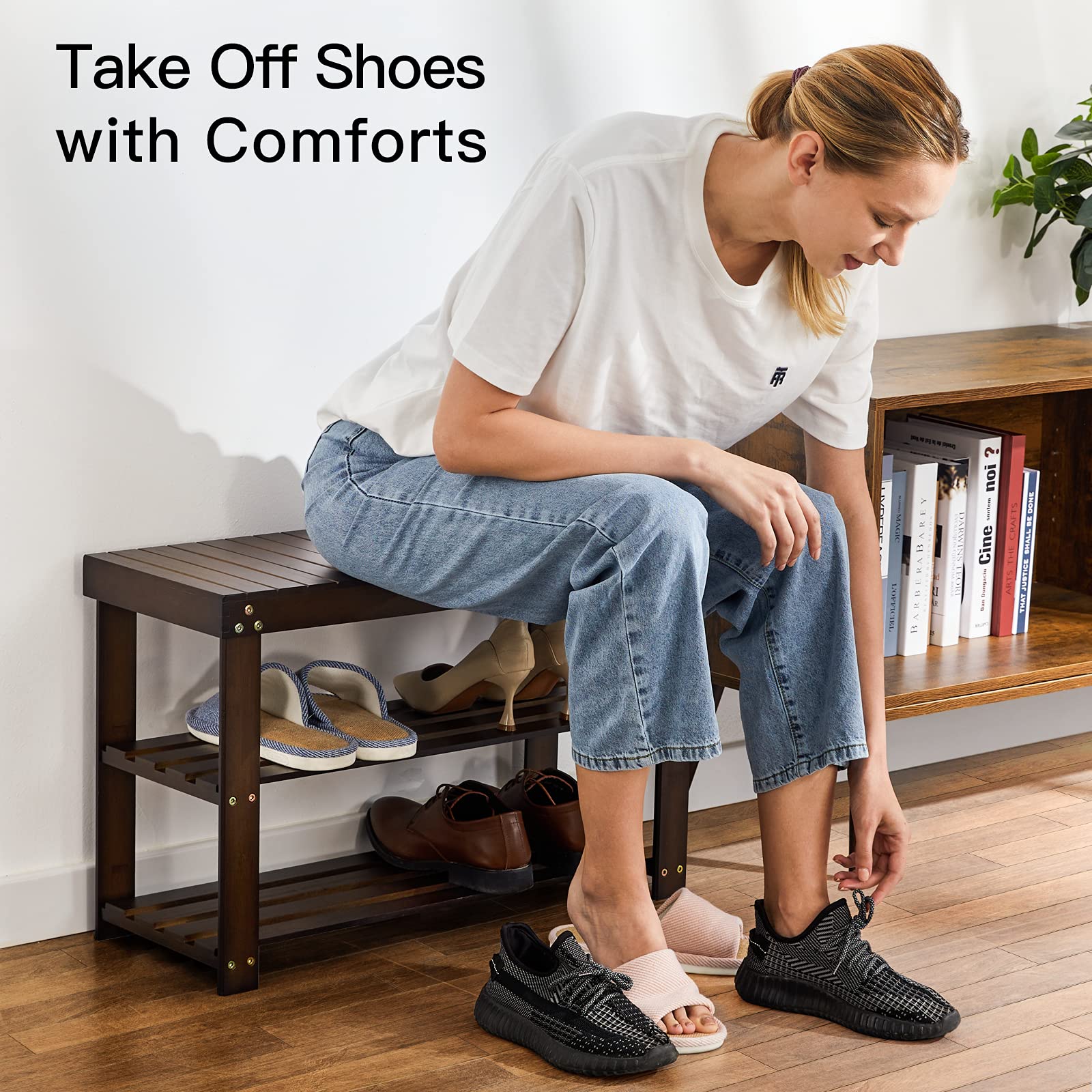 Pipishell Bamboo Shoe Rack Bench, 3 Tier Sturdy Shoe Bench, Storage Shoe Organizer, Holds up to 300lbs for Entryway Bedroom Living Room Balcony, Brown - CookCave