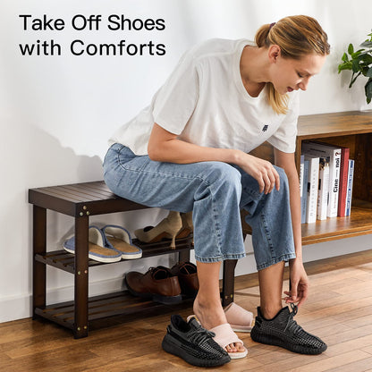 Pipishell Bamboo Shoe Rack Bench, 3 Tier Sturdy Shoe Bench, Storage Shoe Organizer, Holds up to 300lbs for Entryway Bedroom Living Room Balcony, Brown - CookCave