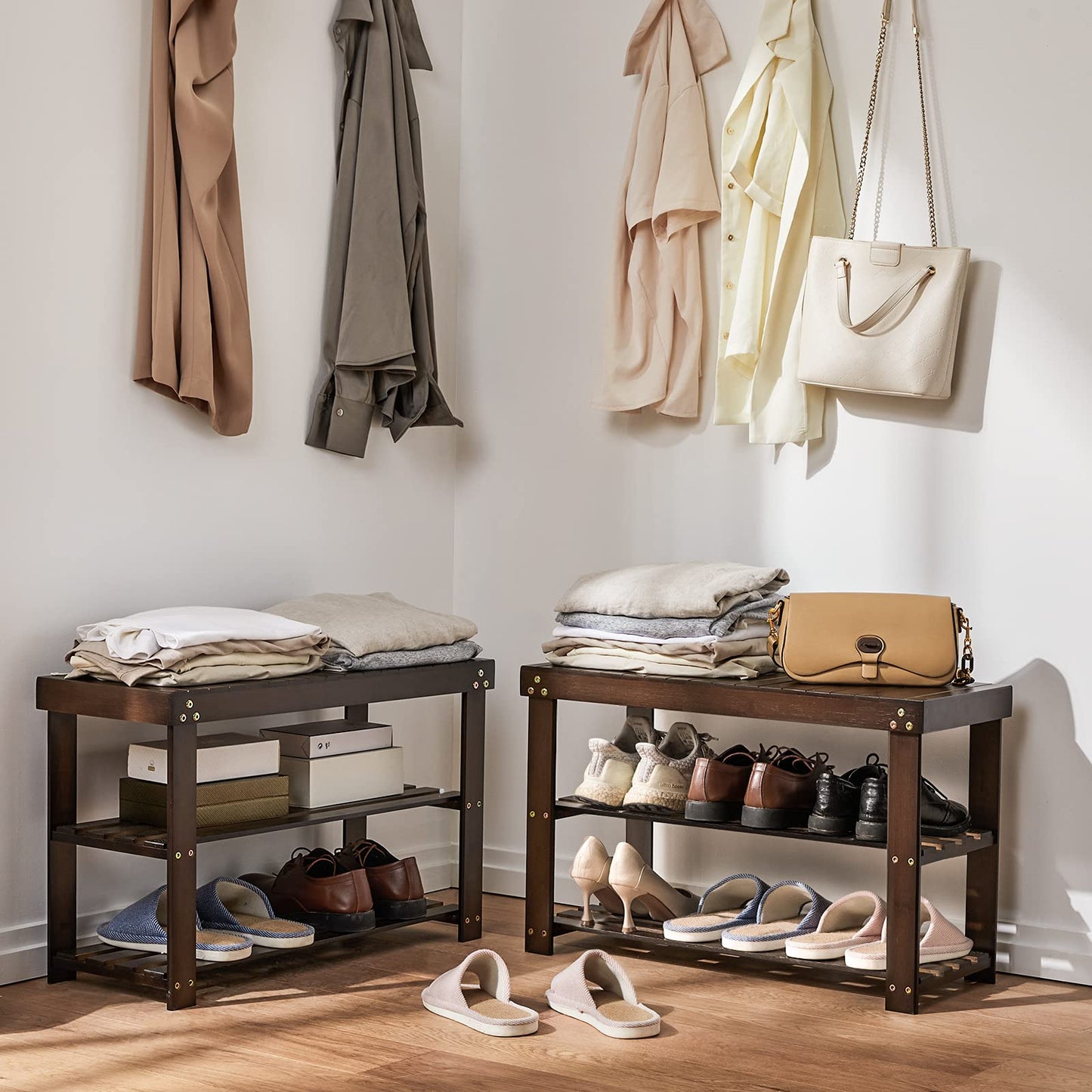 Pipishell Bamboo Shoe Rack Bench, 3 Tier Sturdy Shoe Bench, Storage Shoe Organizer, Holds up to 300lbs for Entryway Bedroom Living Room Balcony, Brown - CookCave