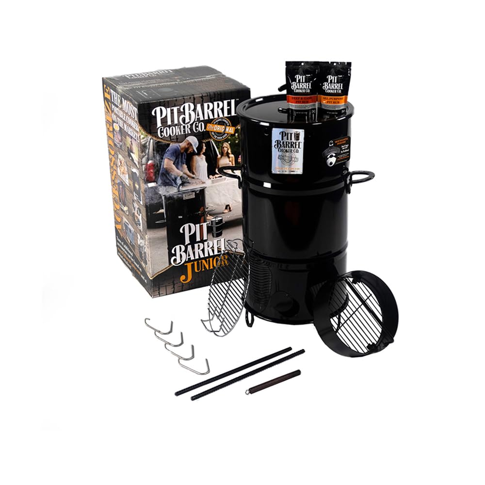 Pit Barrel Cooker Junior Package - 14 Inch Drum Smoker | Porcelain Coated Steel Drum BBQ Grill - CookCave