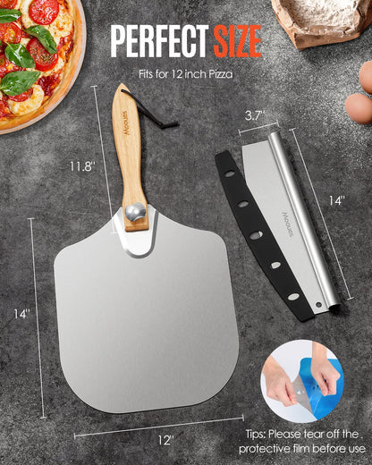 Pizza Peel Aluminum Pizza Spatula, Mooues 12 inch Metal Pizza Paddle(12"x 14")with Rocker Cutter Foldable Wood Handle, [Storage bag included], for Family Pizza Oven Baking Pizza, Dough, Bread & Pastry - CookCave