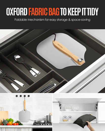 Pizza Peel Aluminum Pizza Spatula, Mooues 12 inch Metal Pizza Paddle(12"x 14")with Rocker Cutter Foldable Wood Handle, [Storage bag included], for Family Pizza Oven Baking Pizza, Dough, Bread & Pastry - CookCave