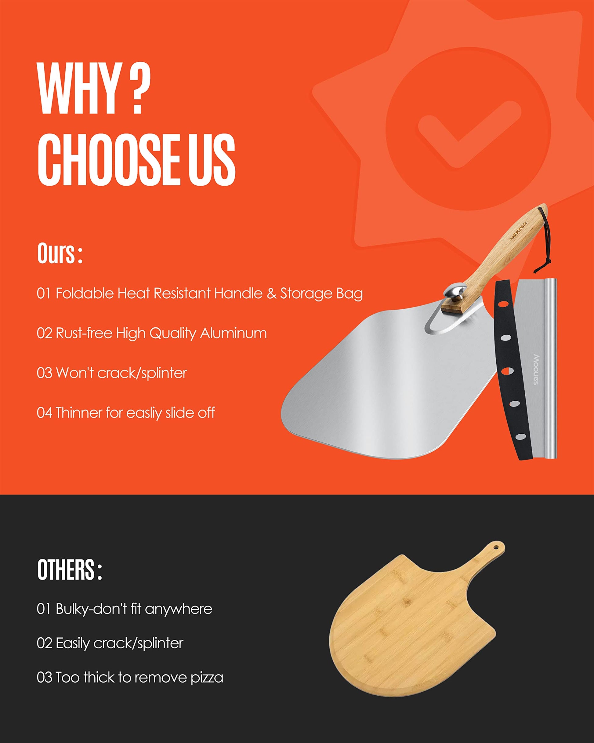 Pizza Peel Aluminum Pizza Spatula, Mooues 12 inch Metal Pizza Paddle(12"x 14")with Rocker Cutter Foldable Wood Handle, [Storage bag included], for Family Pizza Oven Baking Pizza, Dough, Bread & Pastry - CookCave