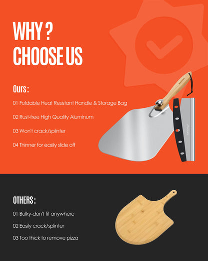 Pizza Peel Aluminum Pizza Spatula, Mooues 12 inch Metal Pizza Paddle(12"x 14")with Rocker Cutter Foldable Wood Handle, [Storage bag included], for Family Pizza Oven Baking Pizza, Dough, Bread & Pastry - CookCave