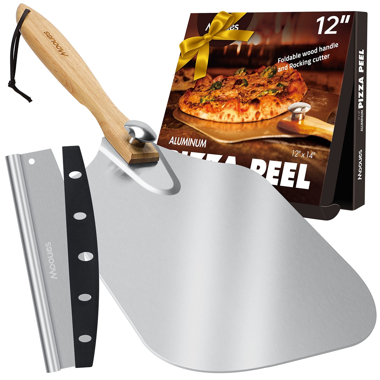 Pizza Peel Aluminum Pizza Spatula, Mooues 12 inch Metal Pizza Paddle(12"x 14")with Rocker Cutter Foldable Wood Handle, [Storage bag included], for Family Pizza Oven Baking Pizza, Dough, Bread & Pastry - CookCave