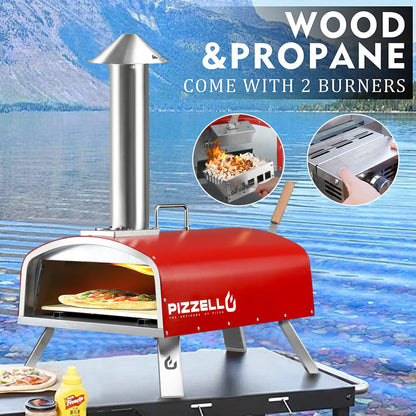 PIZZELLO 16" Outdoor Pizza Oven Propane & Wood Fired Multi-fuel Large Stainless Steel Pizza Grill with Gas Burner, Wood Tray Pizza Stone, Pizza Peel, Carry Bag (Red) - CookCave