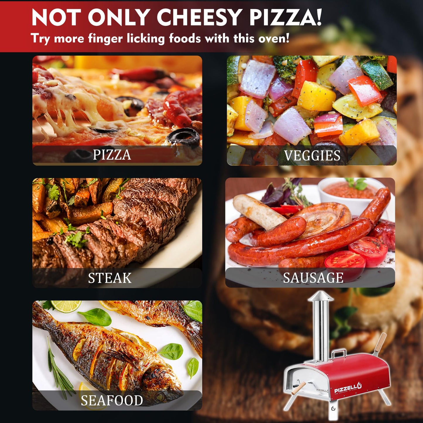 PIZZELLO 16" Outdoor Pizza Oven Propane & Wood Fired Multi-fuel Large Stainless Steel Pizza Grill with Gas Burner, Wood Tray Pizza Stone, Pizza Peel, Carry Bag (Red) - CookCave