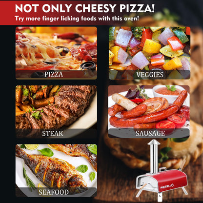 PIZZELLO 16" Outdoor Pizza Oven Propane & Wood Fired Multi-fuel Large Stainless Steel Pizza Grill with Gas Burner, Wood Tray Pizza Stone, Pizza Peel, Carry Bag (Red) - CookCave