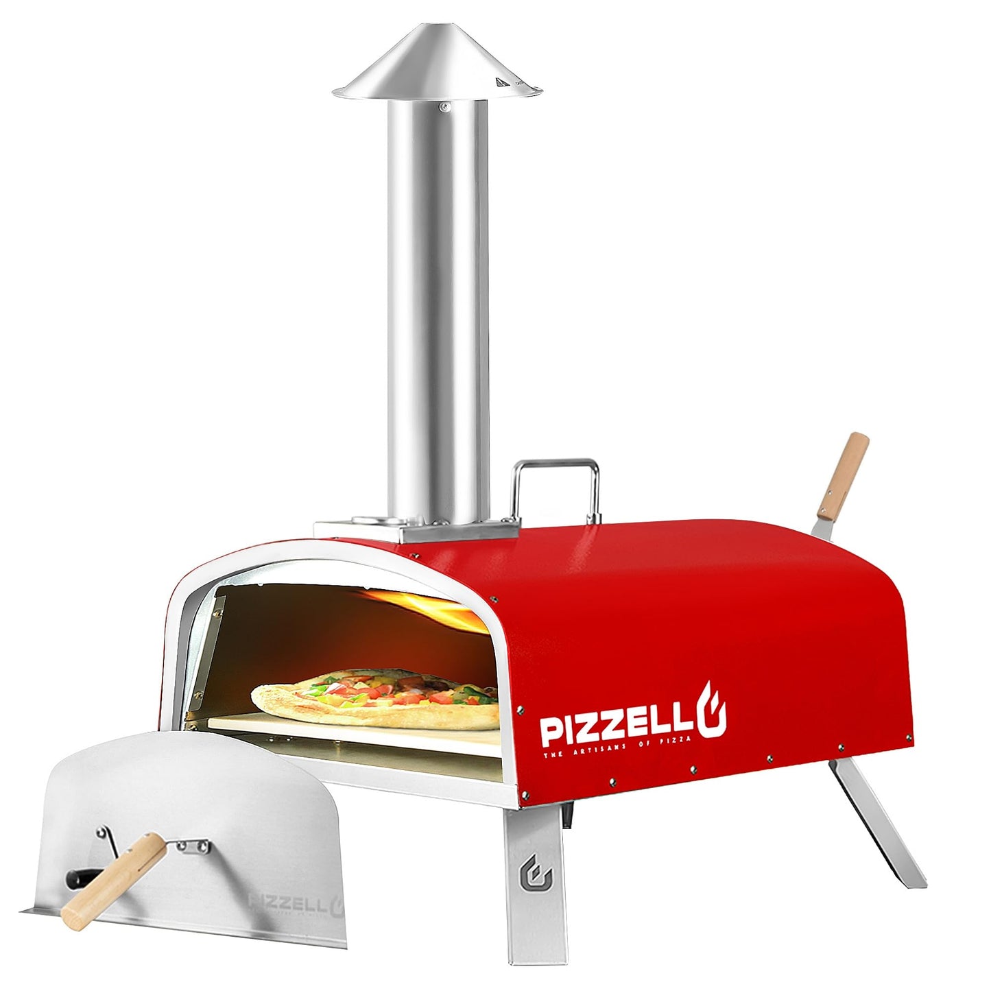 PIZZELLO 16" Outdoor Pizza Oven Propane & Wood Fired Multi-fuel Large Stainless Steel Pizza Grill with Gas Burner, Wood Tray Pizza Stone, Pizza Peel, Carry Bag (Red) - CookCave