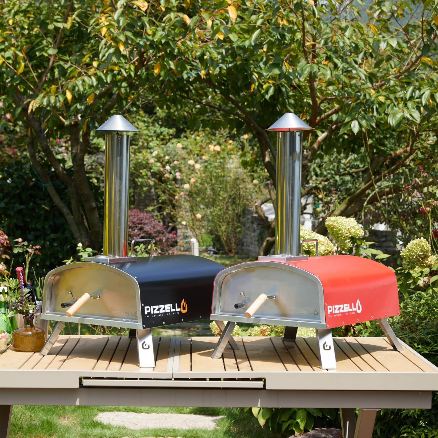 PIZZELLO 16" Outdoor Pizza Oven Propane & Wood Fired Multi-fuel Large Stainless Steel Pizza Grill with Gas Burner, Wood Tray Pizza Stone, Pizza Peel, Carry Bag (Red) - CookCave