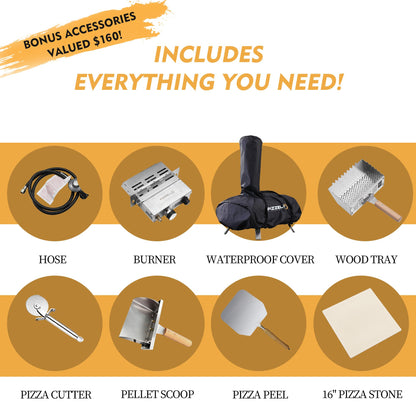 PIZZELLO 16" Outdoor Pizza Oven Propane & Wood Fired Multi-fuel Large Stainless Steel Pizza Grill with Gas Burner, Wood Tray Pizza Stone, Pizza Peel, Carry Bag (Red) - CookCave