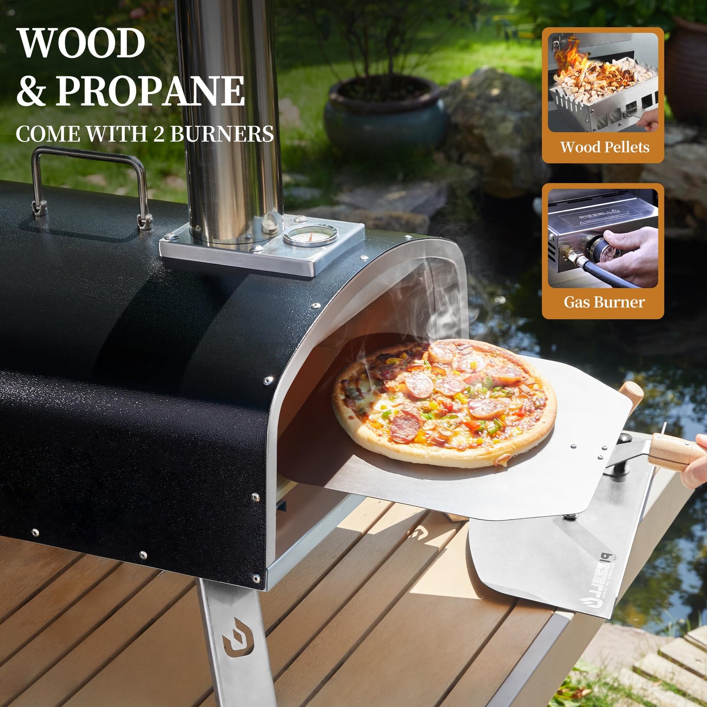 PIZZELLO 16" Outdoor Pizza Oven Propane and Wood Fired Stainless Steel Pizza Grill with Gas Burner, Wood Tray Pizza Stone, Pizza Peel, Carry Bag, Pizzello Forte Gas (Black) - CookCave
