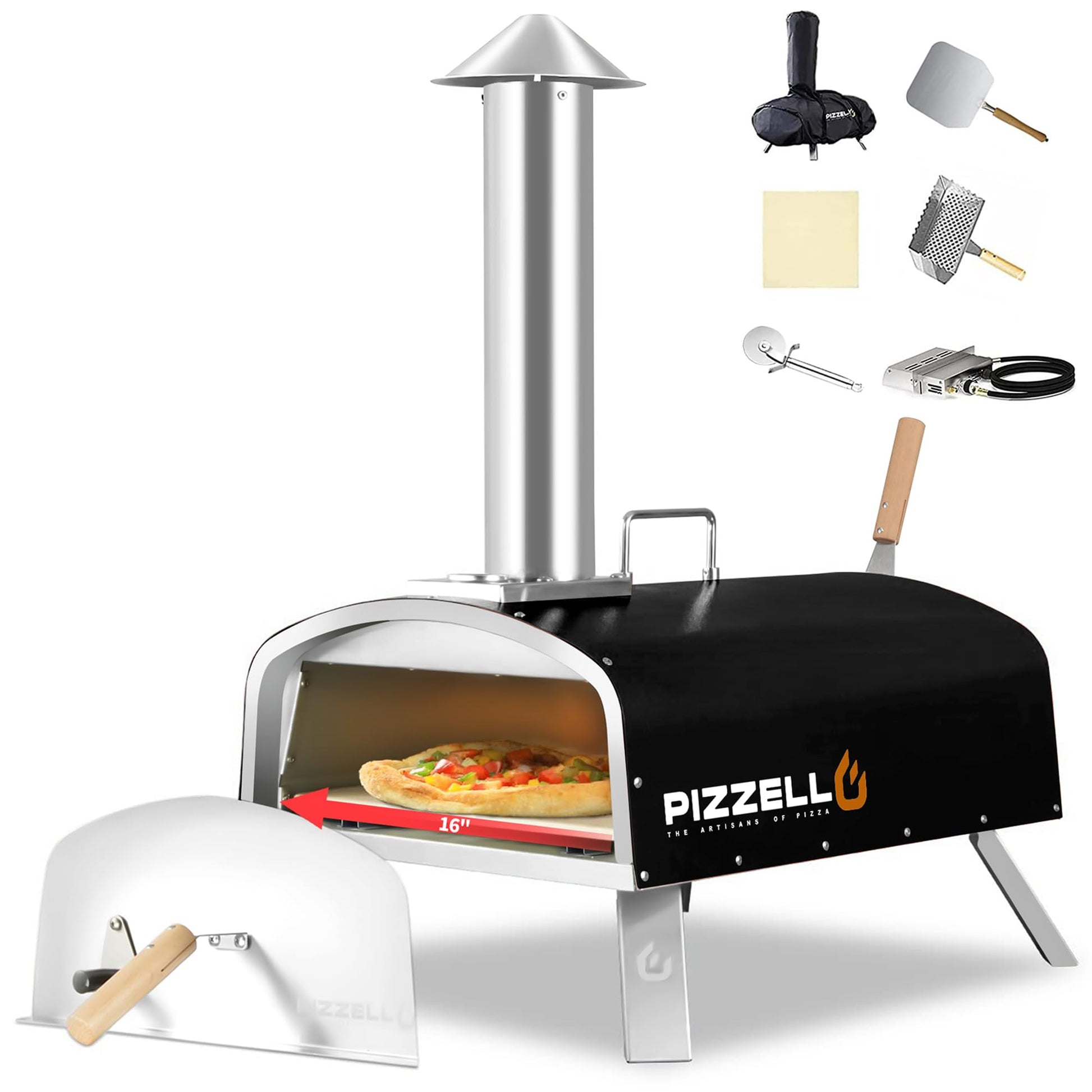 PIZZELLO 16" Outdoor Pizza Oven Propane and Wood Fired Stainless Steel Pizza Grill with Gas Burner, Wood Tray Pizza Stone, Pizza Peel, Carry Bag, Pizzello Forte Gas (Black) - CookCave