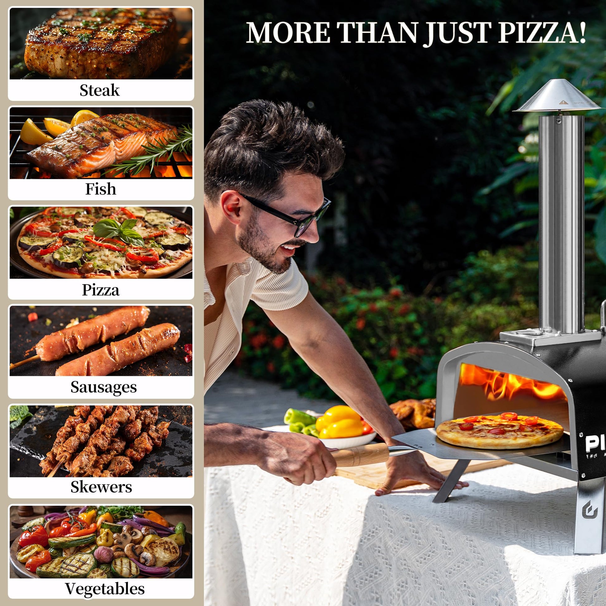 PIZZELLO 16" Outdoor Pizza Oven Propane and Wood Fired Stainless Steel Pizza Grill with Gas Burner, Wood Tray Pizza Stone, Pizza Peel, Carry Bag, Pizzello Forte Gas (Black) - CookCave