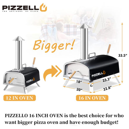 PIZZELLO 16" Outdoor Pizza Oven Propane and Wood Fired Stainless Steel Pizza Grill with Gas Burner, Wood Tray Pizza Stone, Pizza Peel, Carry Bag, Pizzello Forte Gas (Black) - CookCave