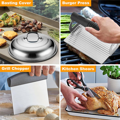 POLIGO 28PCS Griddle Accessories Kit, Flat Top Grill Accessories Set for Camp Chef, Grill Spatula Set with Enlarged Spatulas, Basting Cover, Scraper for Cooking Indoor or Outdoor Barbecue - CookCave