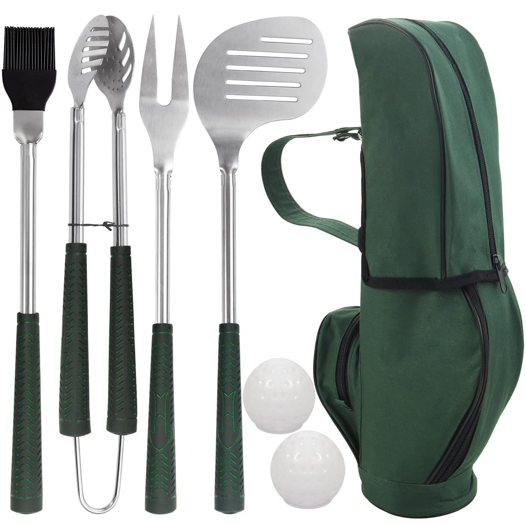 POLIGO 7PCS Golf-Club Style BBQ Tools Set Grilling Tools with Rubber Handle - Stainless Steel Grill Accessories for Outdoor Grill Set Premium Grill Utensils Set Christmas Birthday Gifts for Men Dad - CookCave