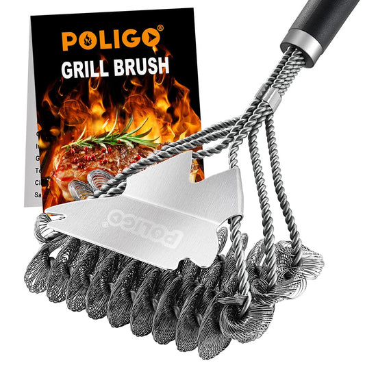 POLIGO BBQ Grill Cleaning Brush Bristle Free & Scraper - Triple Helix Design Barbecue Cleaner - Non-Bristle Grill Brush and Scraper Safe for Gas Charcoal Porcelain Grills - Ideal Grill Tools Gift - CookCave