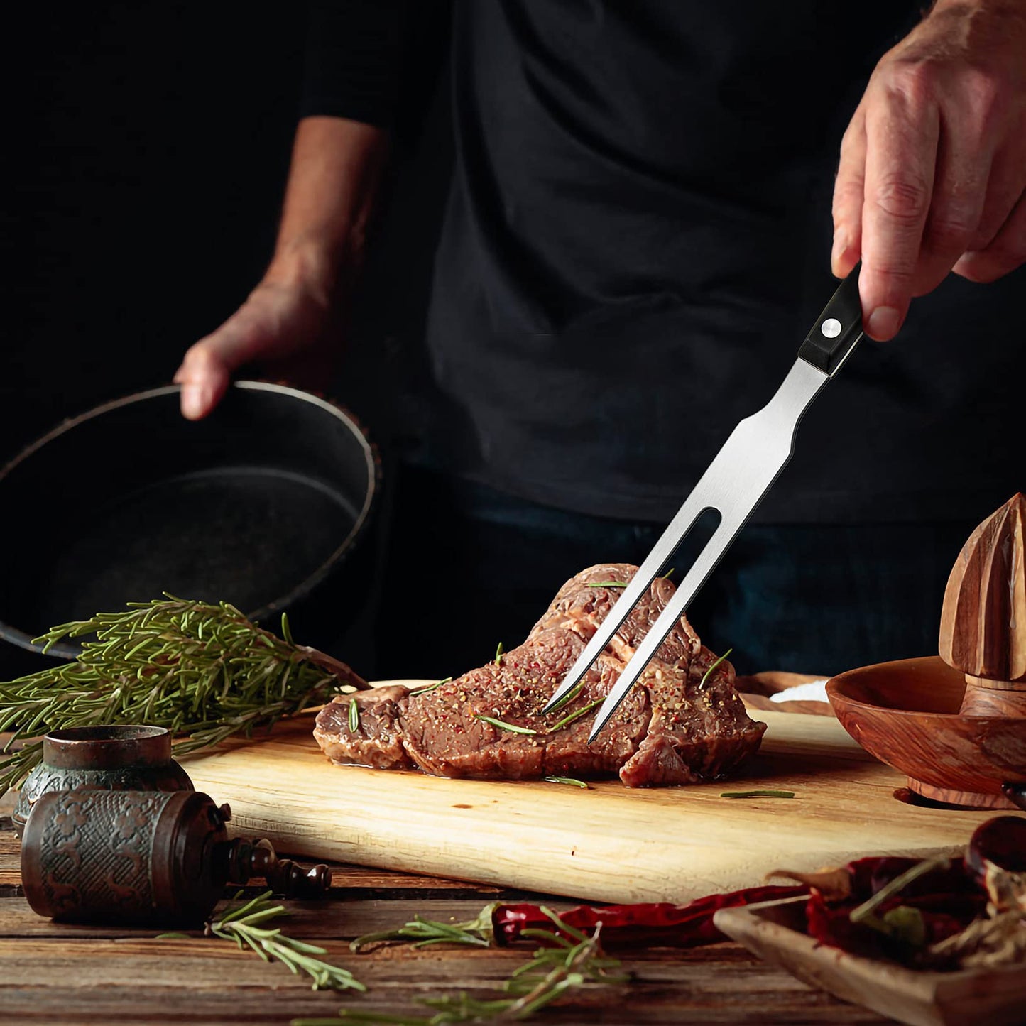 Ponpon 2Pcs Meat Forks Stainless Steel Carving Fork with Wooden Handle Barbecue Fork for Cooking Kitchen (2) - CookCave