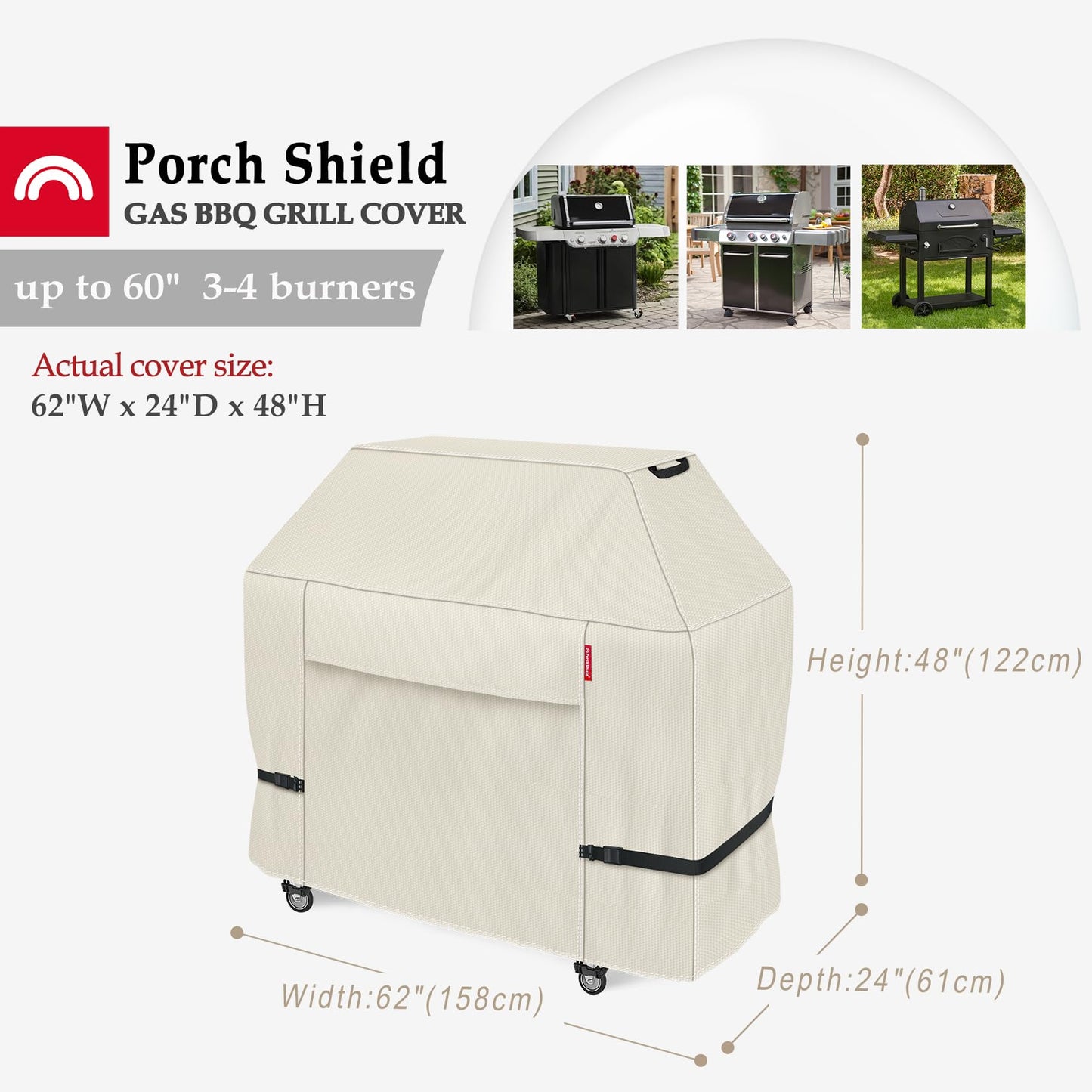 Porch Shield 62W x 24D x 48H inch Premium Gas Grill Cover Up to 60 inch, Waterproof and Fade Resistant 600D BBQ Covers for Weber, Brinkmann, Char-Broil and More, Light Tan - CookCave