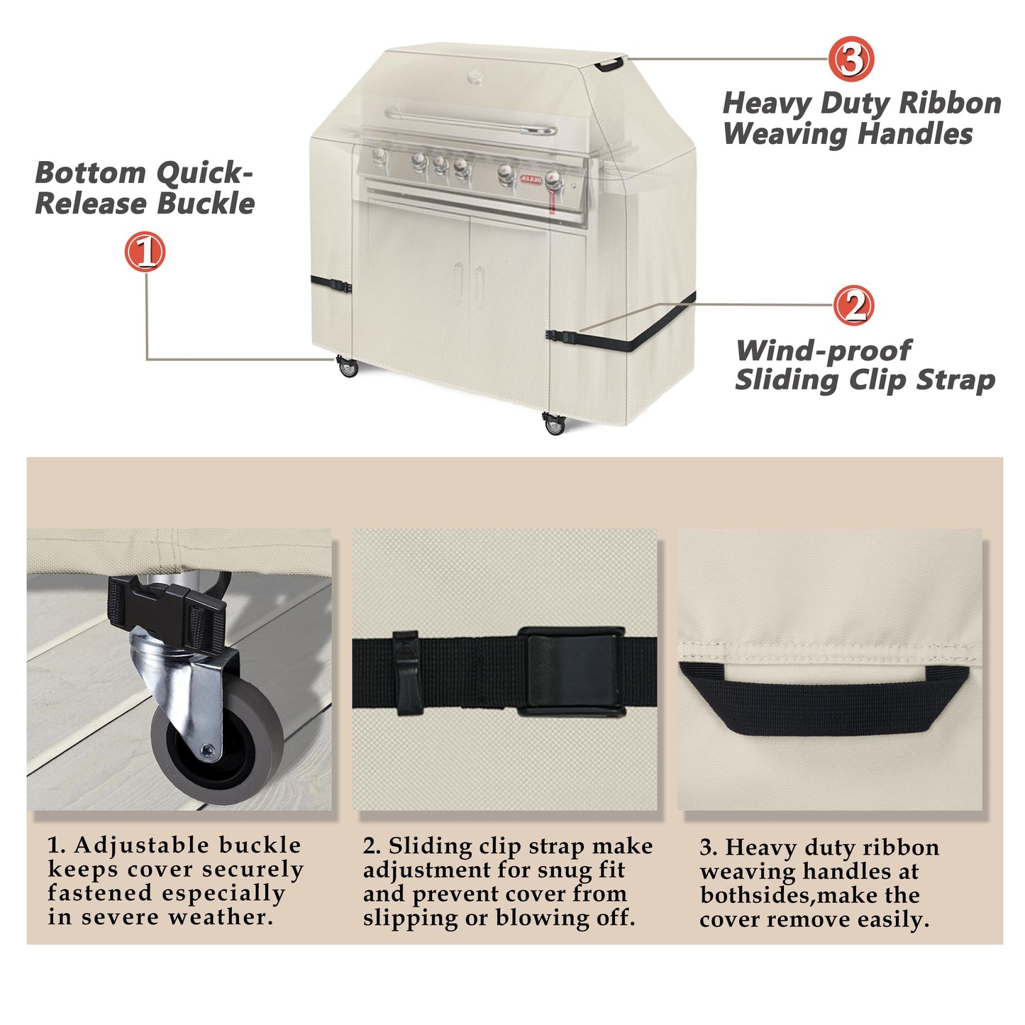 Porch Shield 62W x 24D x 48H inch Premium Gas Grill Cover Up to 60 inch, Waterproof and Fade Resistant 600D BBQ Covers for Weber, Brinkmann, Char-Broil and More, Light Tan - CookCave