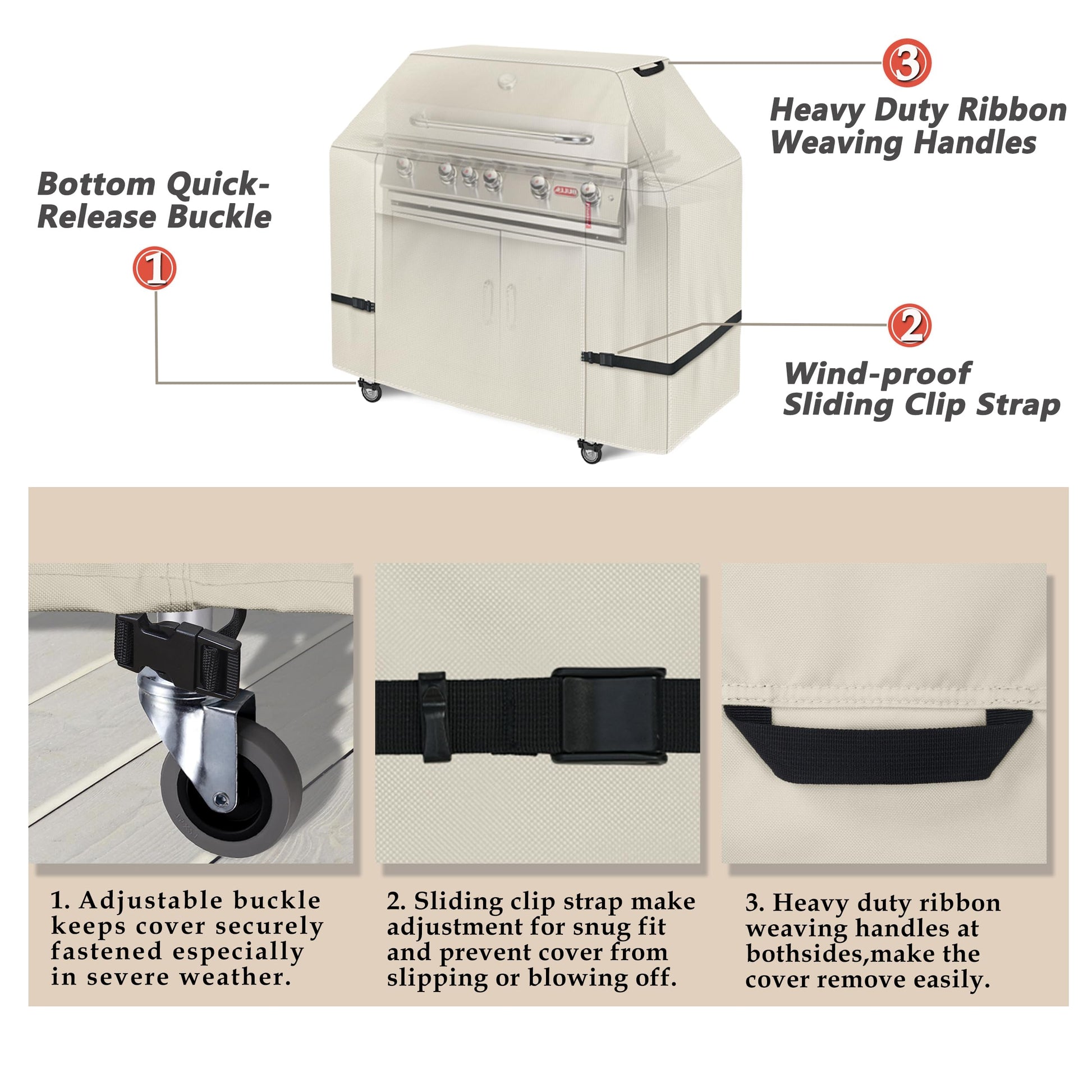 Porch Shield 62W x 24D x 48H inch Premium Gas Grill Cover Up to 60 inch, Waterproof and Fade Resistant 600D BBQ Covers for Weber, Brinkmann, Char-Broil and More, Light Tan - CookCave