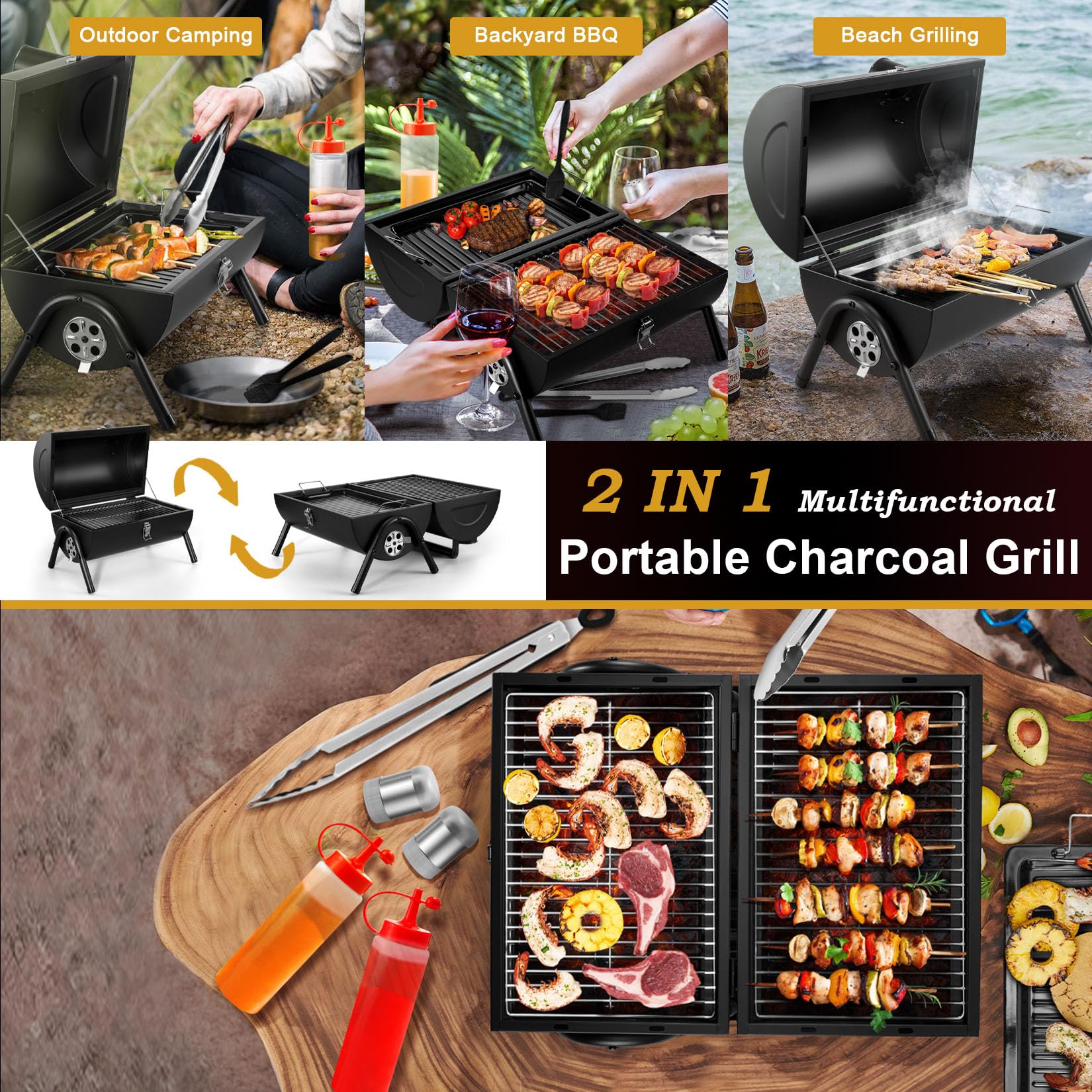 Portable BBQ Charcoal Grill, Joyfair Small Folding Tabletop Barbecue Smoker, 2-IN-1 2-Sided Carbon Grills with Tray, Rack, BBQ Tools, for Outdoor Camping Patio Picnic, Heavy Duty (230Sq.in), 11 PCS - CookCave