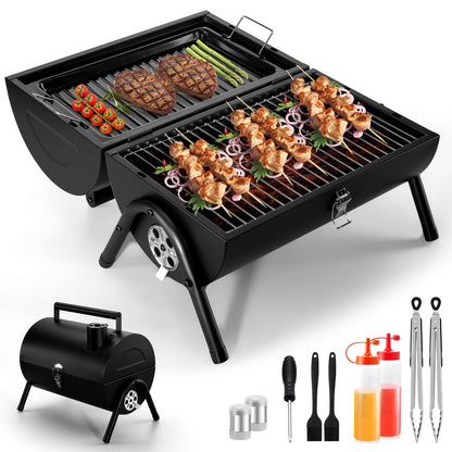 Portable BBQ Charcoal Grill, Joyfair Small Folding Tabletop Barbecue Smoker, 2-IN-1 2-Sided Carbon Grills with Tray, Rack, BBQ Tools, for Outdoor Camping Patio Picnic, Heavy Duty (230Sq.in), 11 PCS - CookCave