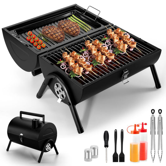 Portable BBQ Charcoal Grill, Joyfair Small Folding Tabletop Barbecue Smoker, 2-IN-1 2-Sided Carbon Grills with Tray, Rack, BBQ Tools, for Outdoor Camping Patio Picnic, Heavy Duty (230Sq.in), 11 PCS - CookCave