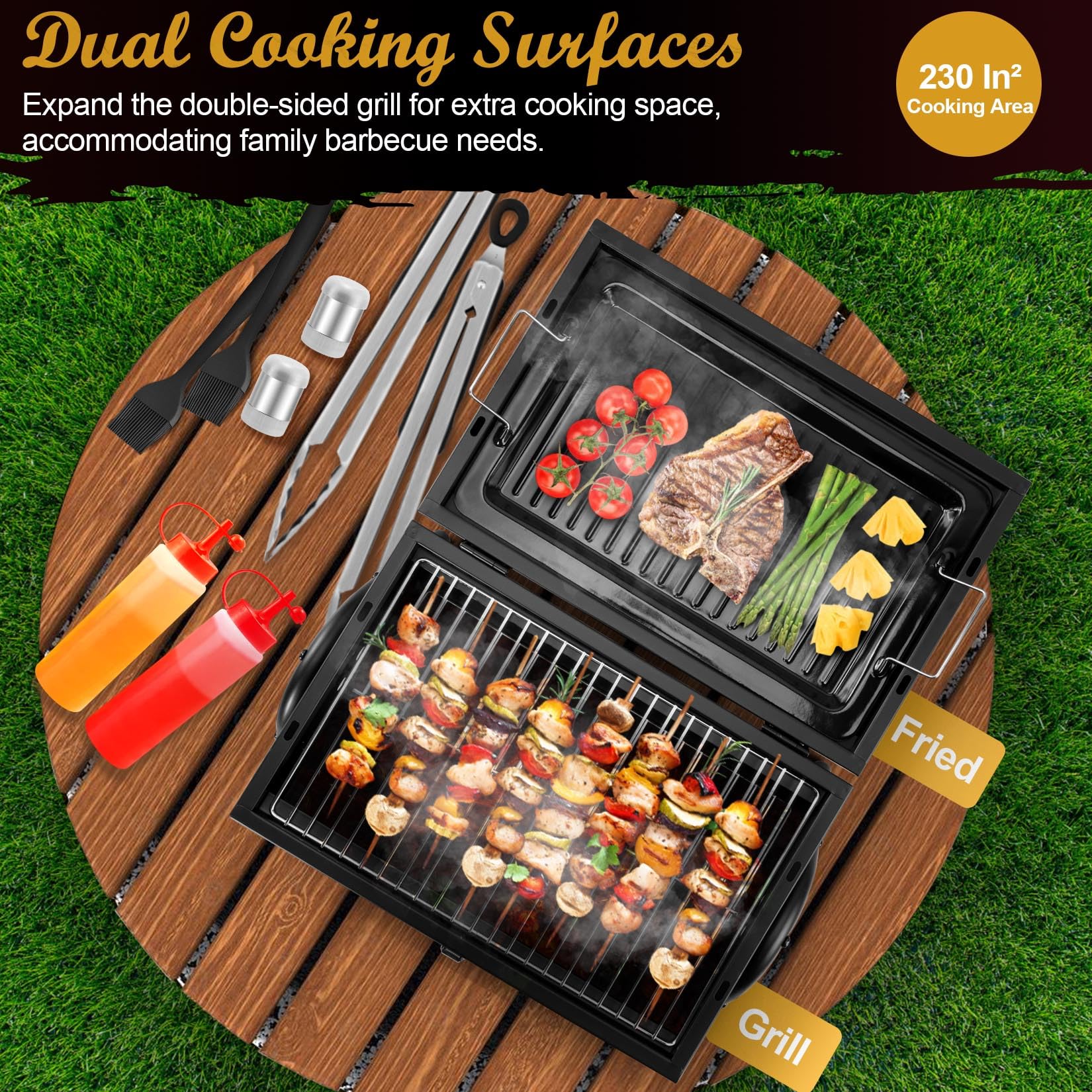 Portable BBQ Charcoal Grill, Joyfair Small Folding Tabletop Barbecue Smoker, 2-IN-1 2-Sided Carbon Grills with Tray, Rack, BBQ Tools, for Outdoor Camping Patio Picnic, Heavy Duty (230Sq.in), 11 PCS - CookCave