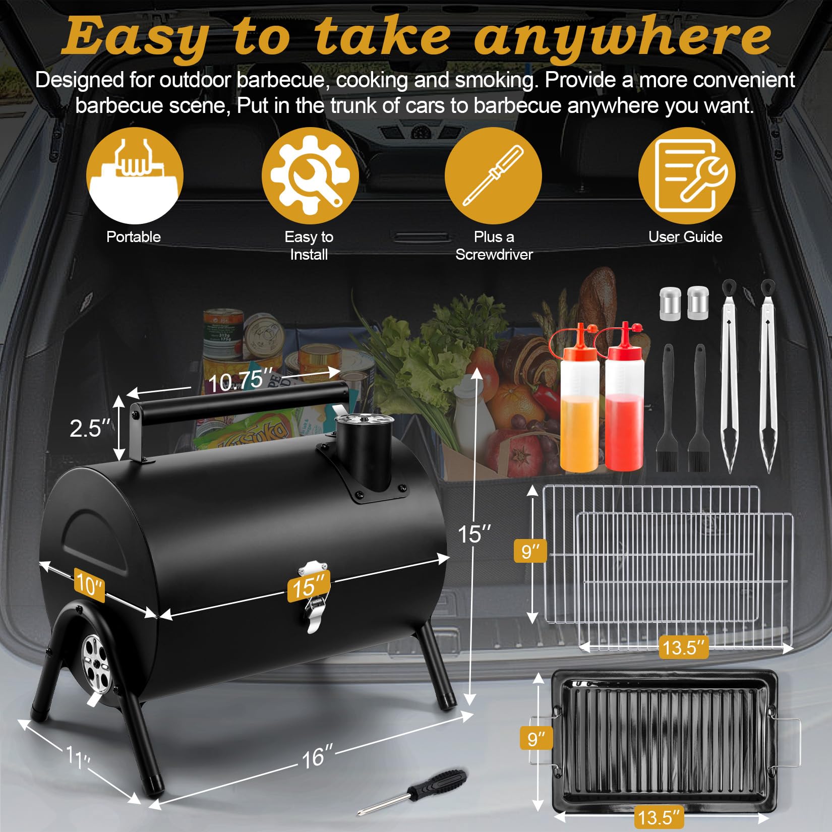 Portable BBQ Charcoal Grill, Joyfair Small Folding Tabletop Barbecue Smoker, 2-IN-1 2-Sided Carbon Grills with Tray, Rack, BBQ Tools, for Outdoor Camping Patio Picnic, Heavy Duty (230Sq.in), 11 PCS - CookCave