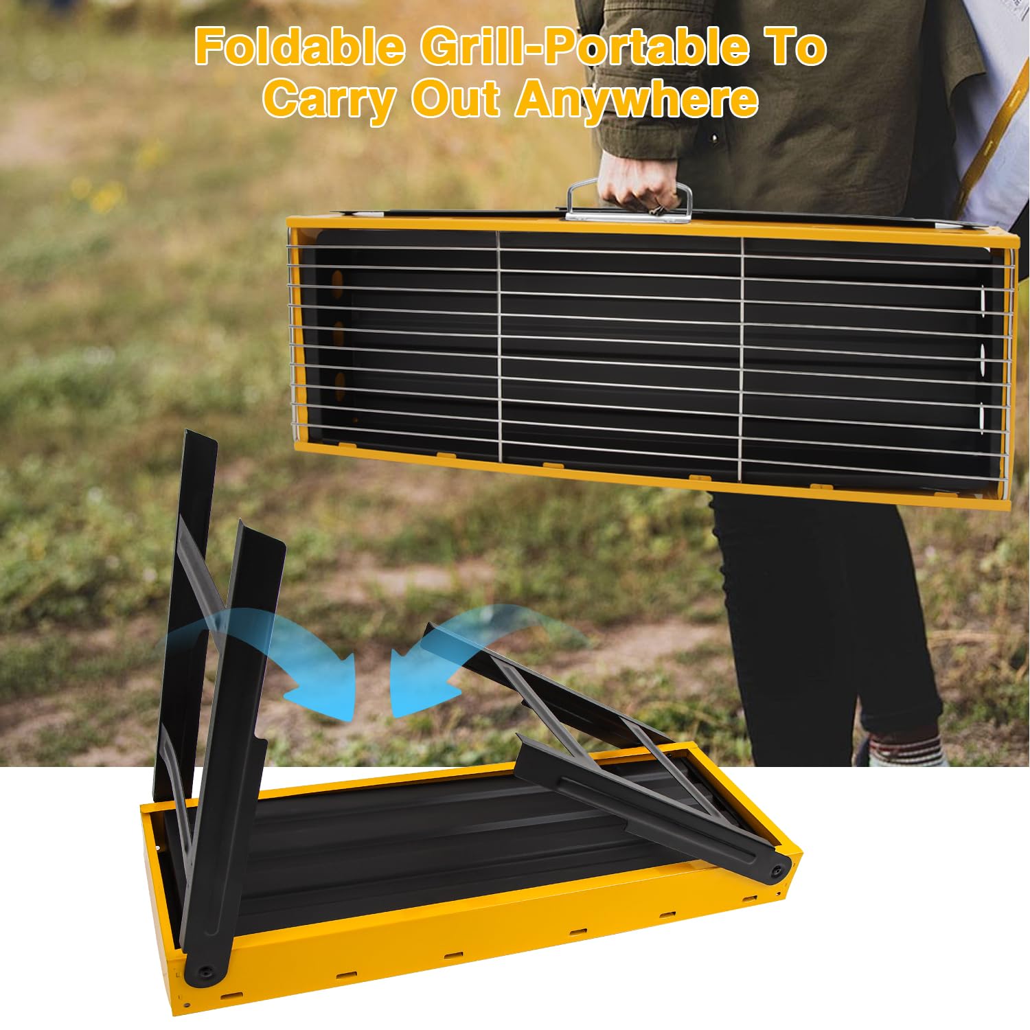 Portable Charcoal Grill, Portable Tabletop BBQ for Outdoor Cooking | Compact Folding Grill for Camping, Hiking, Picnics & Travel | 24”x13”x9” Lightweight Smoky Flavor Grill - CookCave