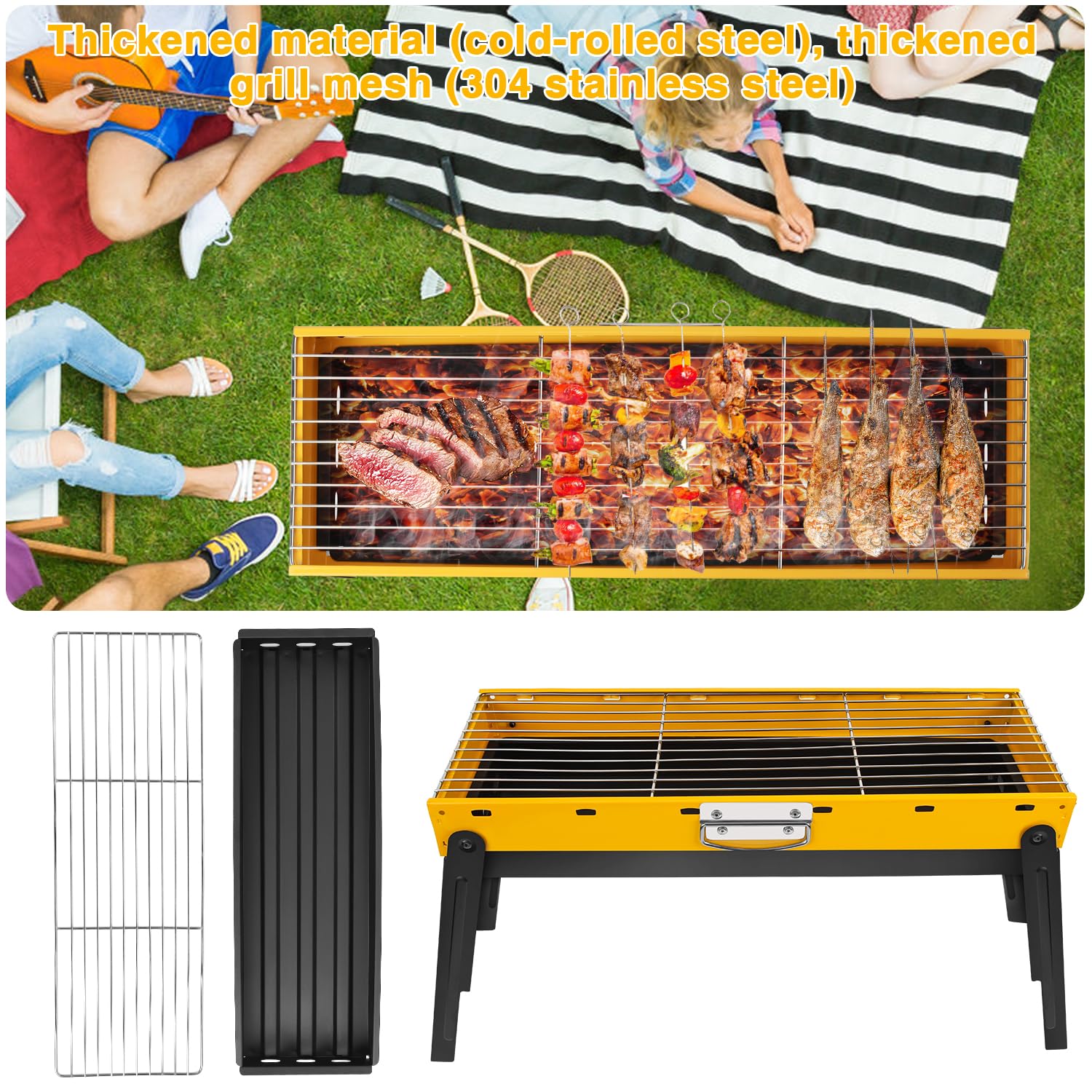 Portable Charcoal Grill, Portable Tabletop BBQ for Outdoor Cooking | Compact Folding Grill for Camping, Hiking, Picnics & Travel | 24”x13”x9” Lightweight Smoky Flavor Grill - CookCave