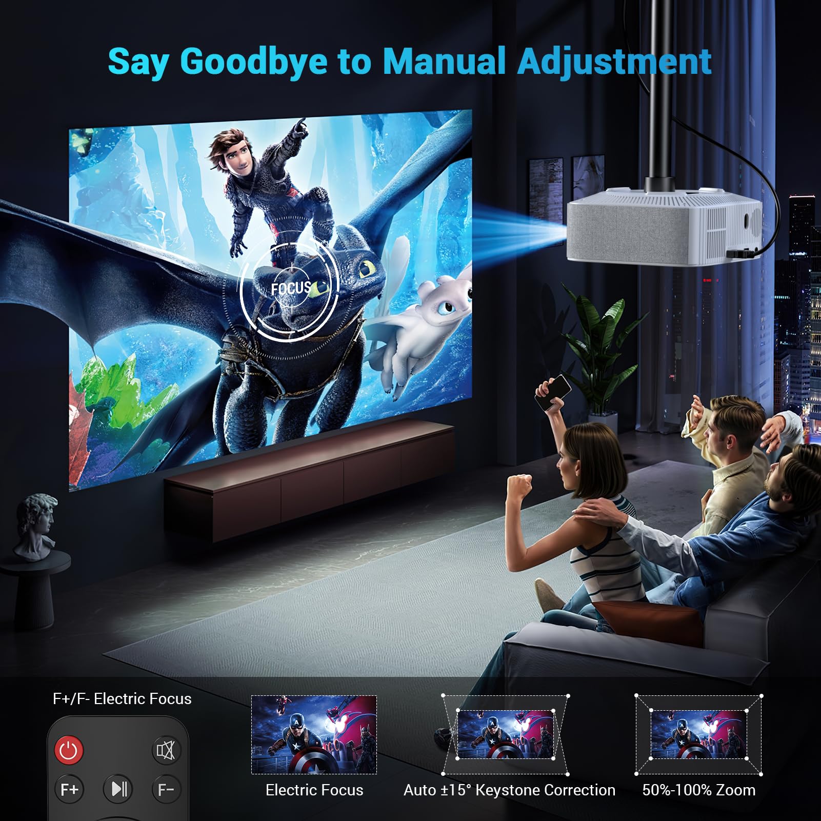 Portable Mini Projector with Electric Focus, NICPOW Full HD 1080P Projector, Bluetooth Movie Projector with Auto Keystone, Two-Way Bluetooth, Ideal for Indoor Outdoor Use, White - CookCave