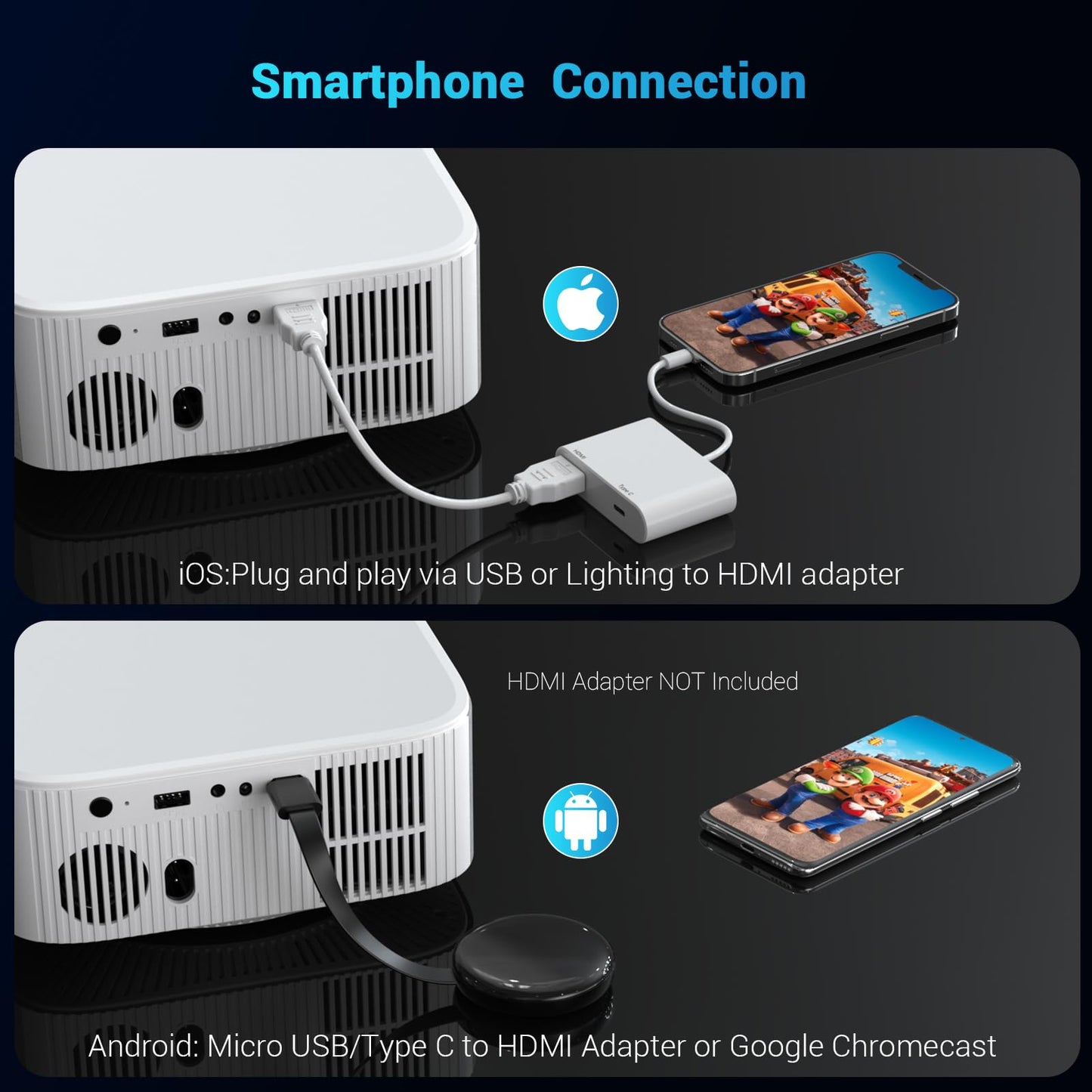 Portable Mini Projector with Electric Focus, NICPOW Full HD 1080P Projector, Bluetooth Movie Projector with Auto Keystone, Two-Way Bluetooth, Ideal for Indoor Outdoor Use, White - CookCave