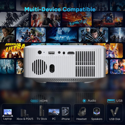 Portable Mini Projector with Electric Focus, NICPOW Full HD 1080P Projector, Bluetooth Movie Projector with Auto Keystone, Two-Way Bluetooth, Ideal for Indoor Outdoor Use, White - CookCave