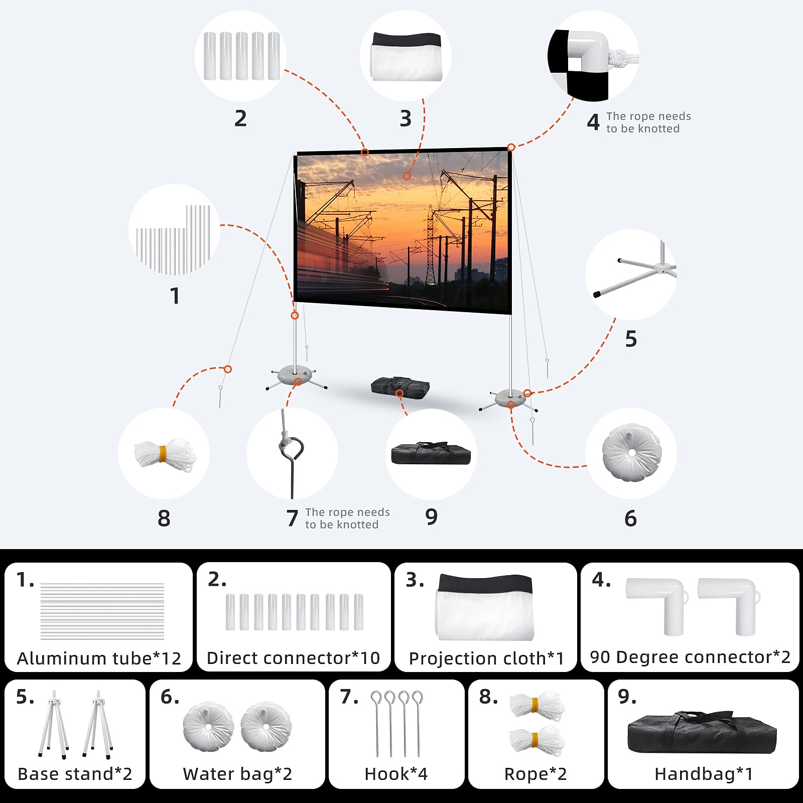 Portable Projector Screen with Stand Outdoor: Camping Projection Screen 80 inch 4K Movie Screen for Home Backyard Indoor 16:9 HD Night - CookCave