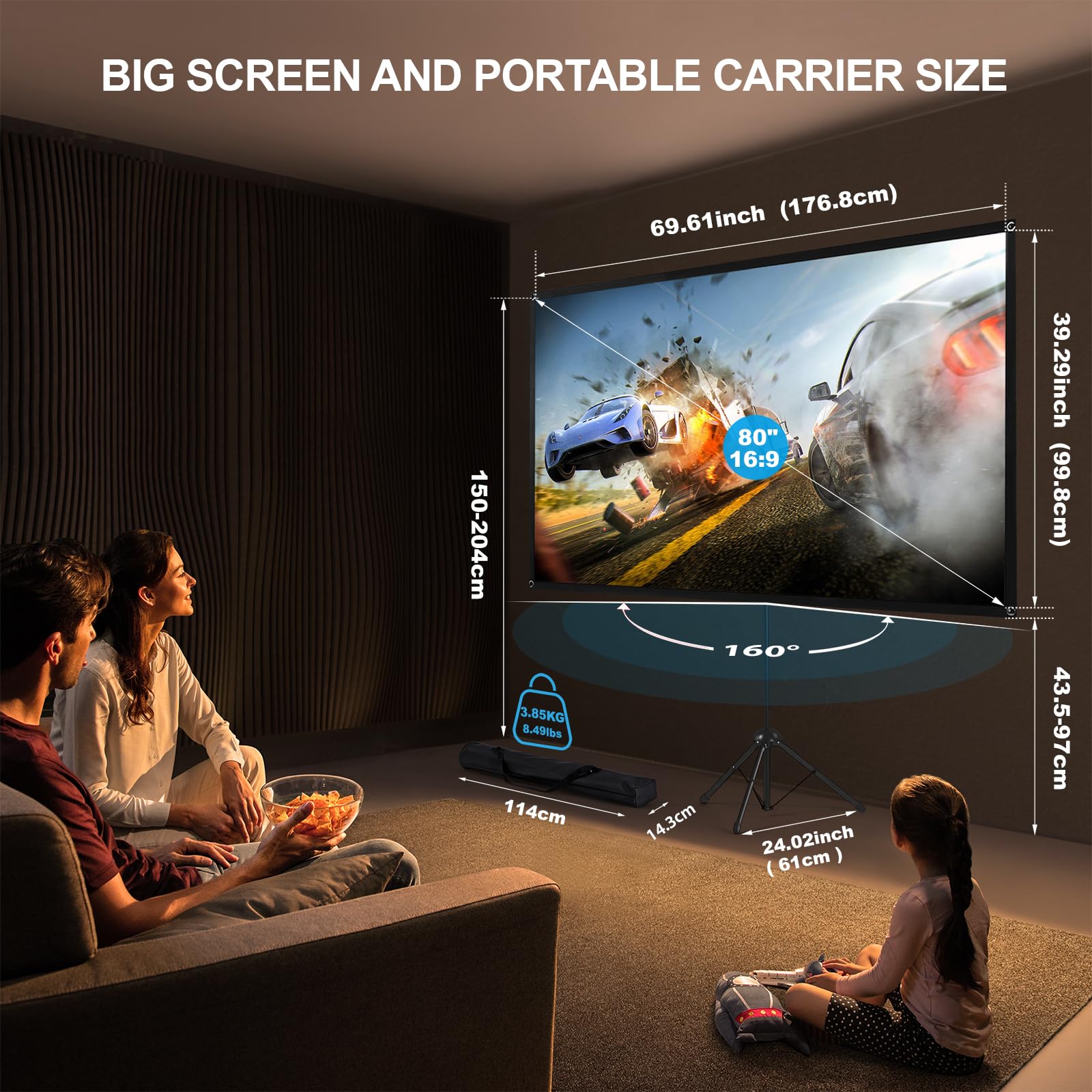 Portable Projector Screen with Stand, Outdoor Movie Screen, 80 Inch 16:9, Light-Weight, Mobile and Compact, Easy Setup and Carrying, Projection Screen with 1.2 Gain Glass Fiber, Idea for Home Cinema. - CookCave