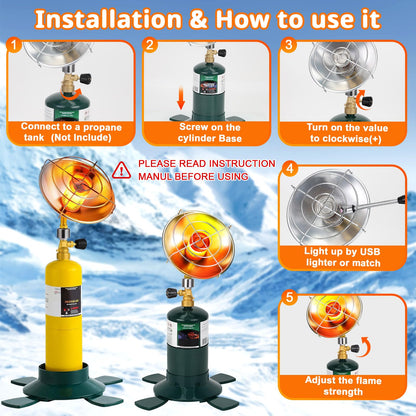 Portable Propane Heater for Camping Outdoor Space Garage Patio Heater 6200BTU Power with Control Valve Cordless 1lb Small Propane Foldable Gas Tank Holder for Fishing Hunting Tent Garage Backyard Use - CookCave