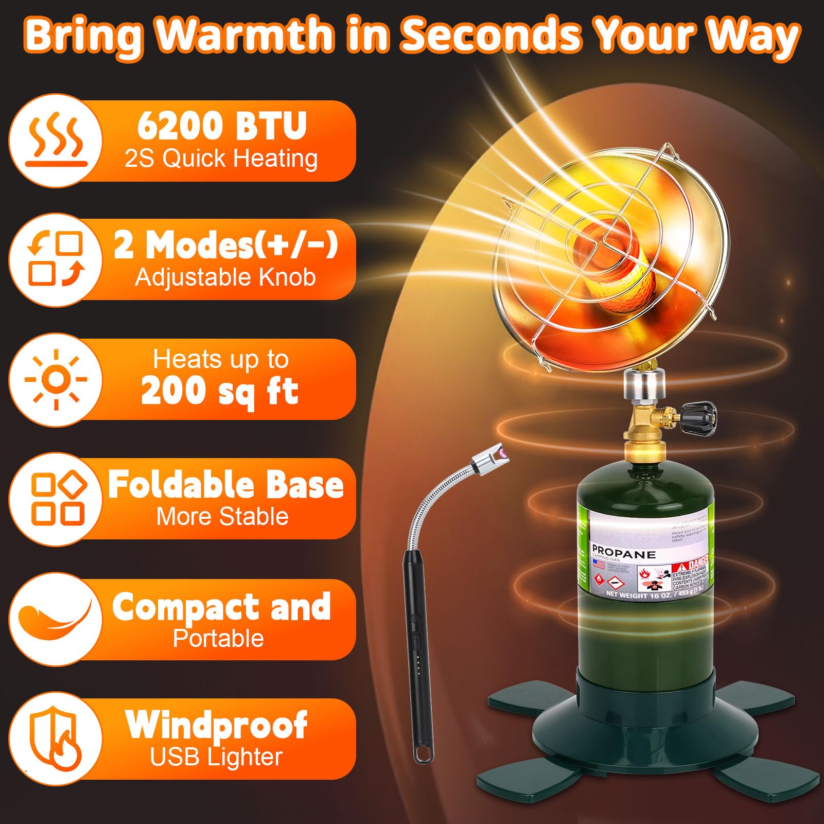 Portable Propane Heater for Camping Outdoor Space Garage Patio Heater 6200BTU Power with Control Valve Cordless 1lb Small Propane Foldable Gas Tank Holder for Fishing Hunting Tent Garage Backyard Use - CookCave